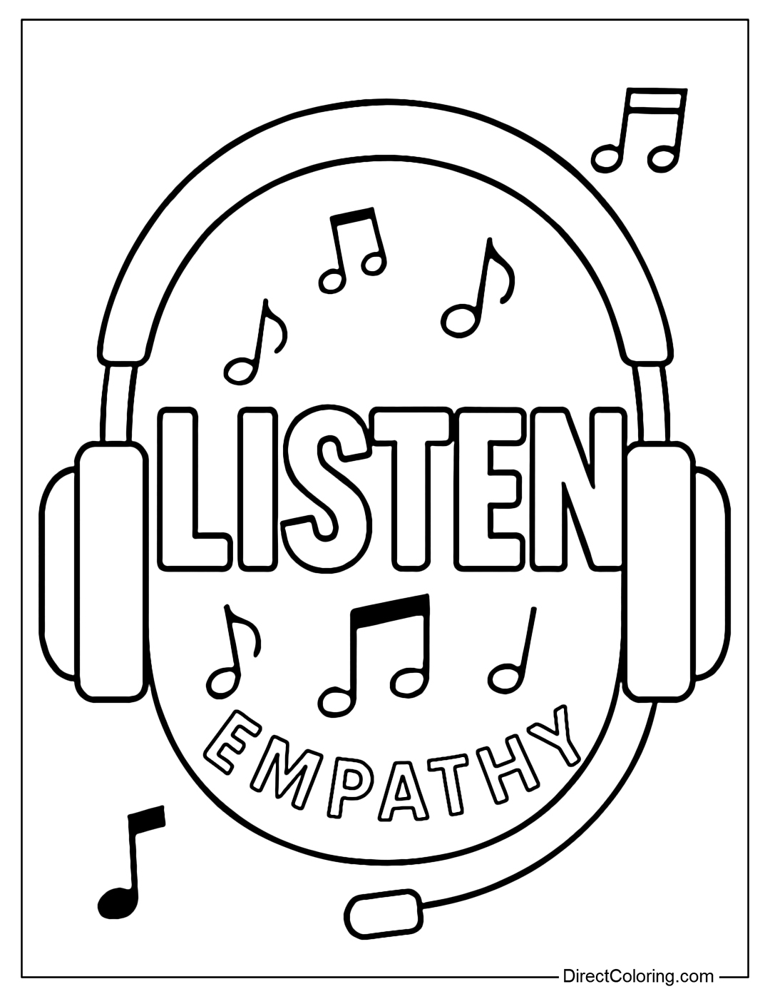 Listen coloring page in a headphone playing music, inside are musical notes and the small word Empathy.