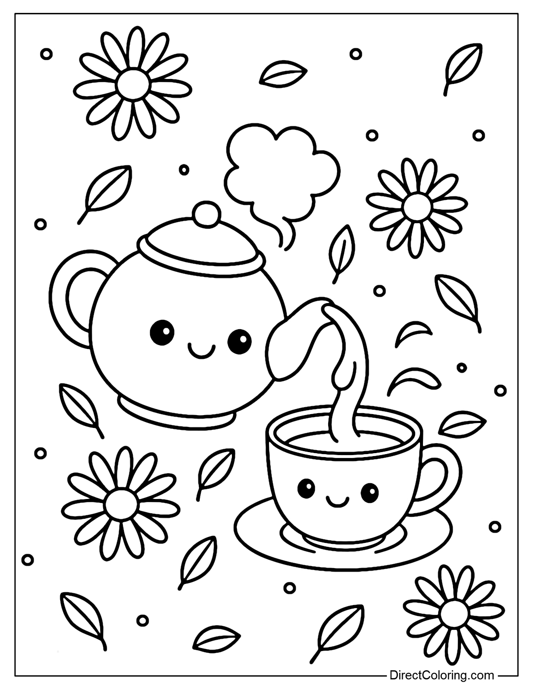 A coloring page of a cute teapot emitting smoke in the shape of clouds, pouring into a small cup with a smiling face, surrounded by chrysanthemums and floating tea leaves.