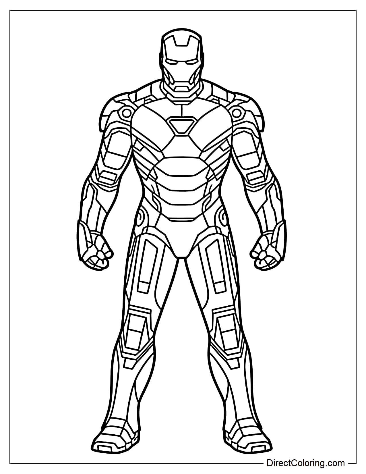 Iron Man standing with his full body straight, arms hanging loosely at his sides.