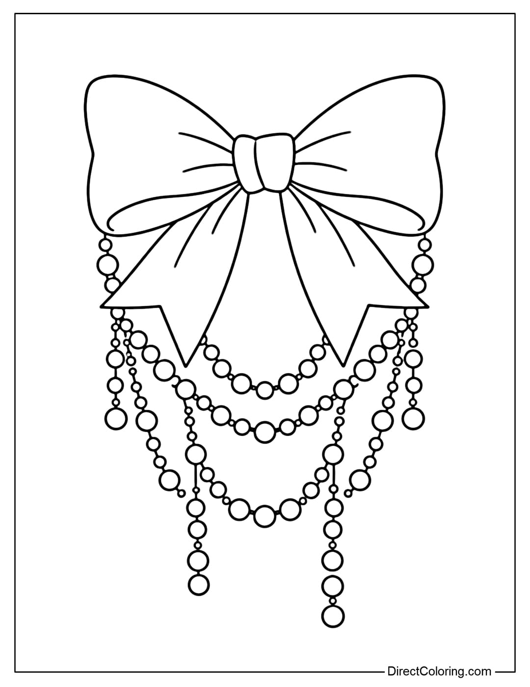 Coloring page: A large Mardi Gras ribbon bow in the center, with a string of beads hanging down below.
