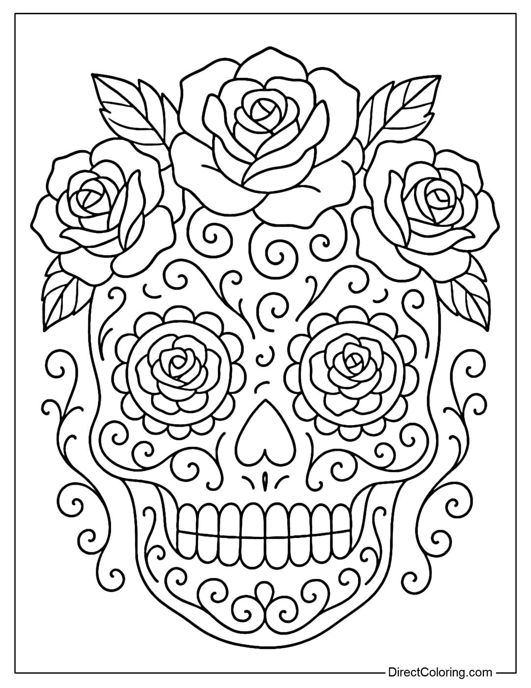 A Mexican skull coloring page decorated with blooming roses, soft spiral details covering the cheeks and forehead, giving a romantic and cheerful feeling.