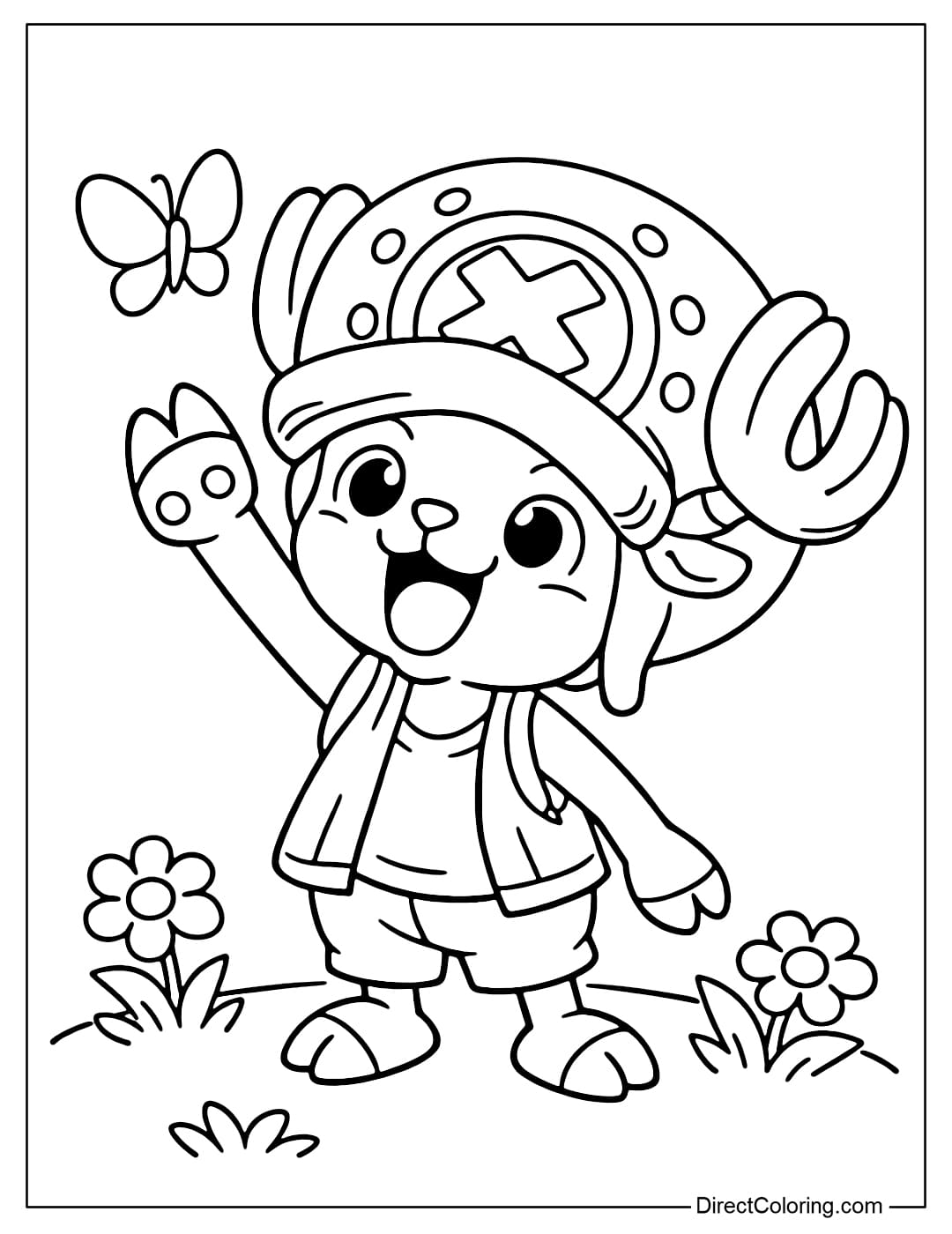 Tony Tony Chopper is reaching out to catch a nearby butterfly, with a joyful expression.