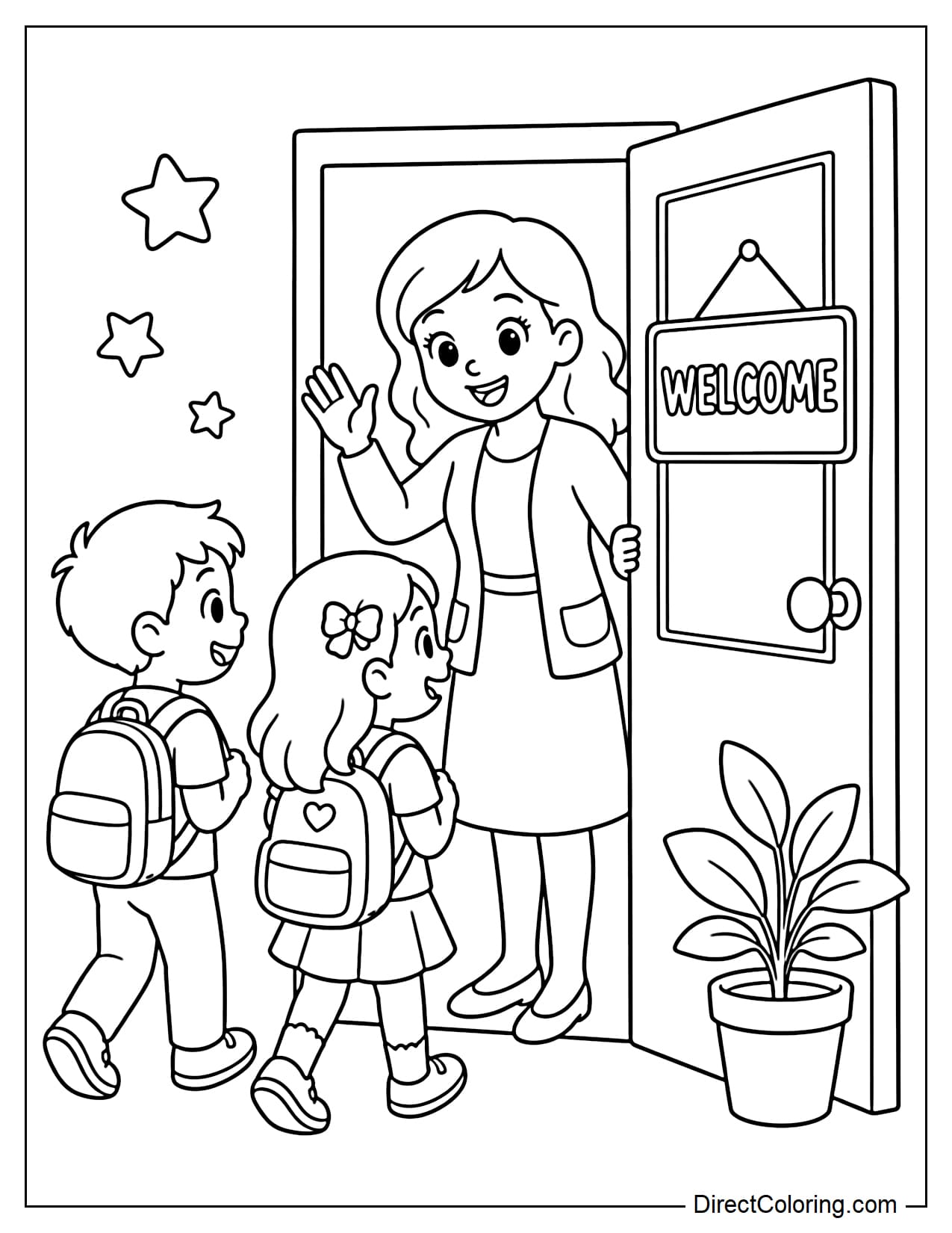 A friendly teacher stands at the classroom door and waves to welcome two new students wearing backpacks. A 