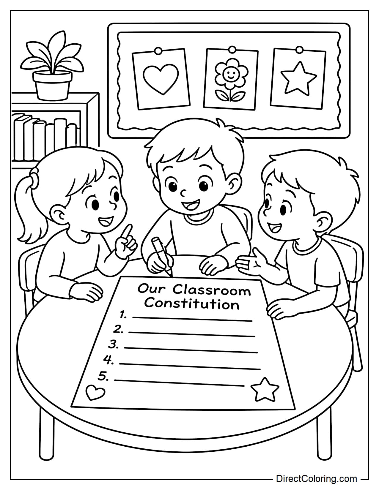 Three children sitting around a table writing on a large sheet titled 