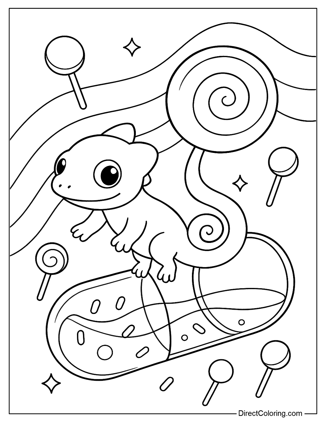 A capsule coloring page with a lizard with a twisted tail like a lollipop coming out of a sweet capsule, surrounded by lollipops and pastel strips