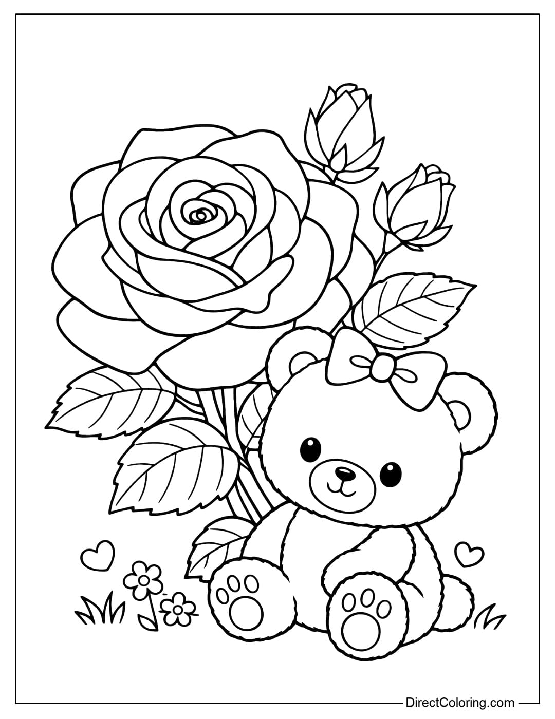 A coloring page featuring a large rose next to a small teddy bear, a cute gift-style.
