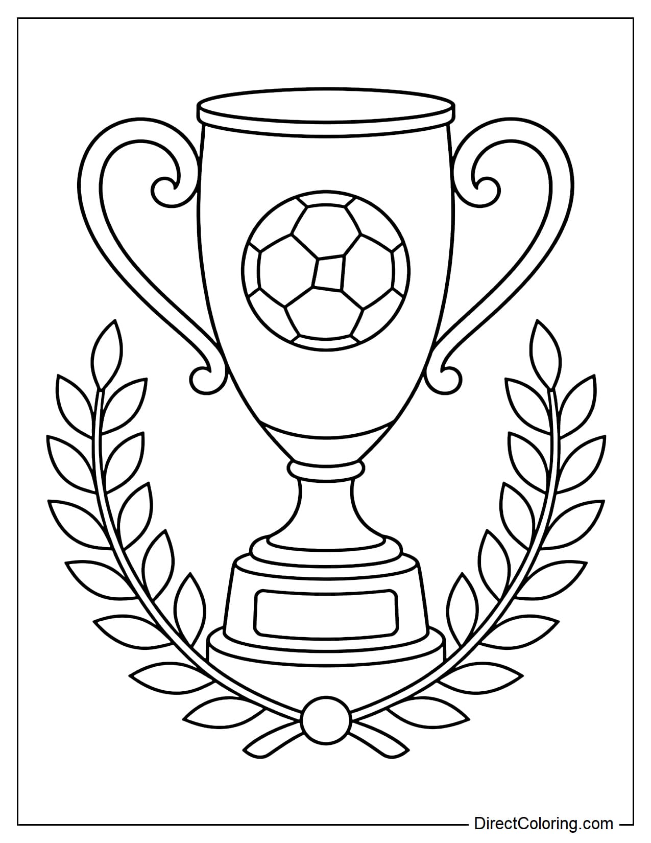 A large soccer championship trophy with two prominent handles, placed on a simple base and decorated with a sports laurel wreath.