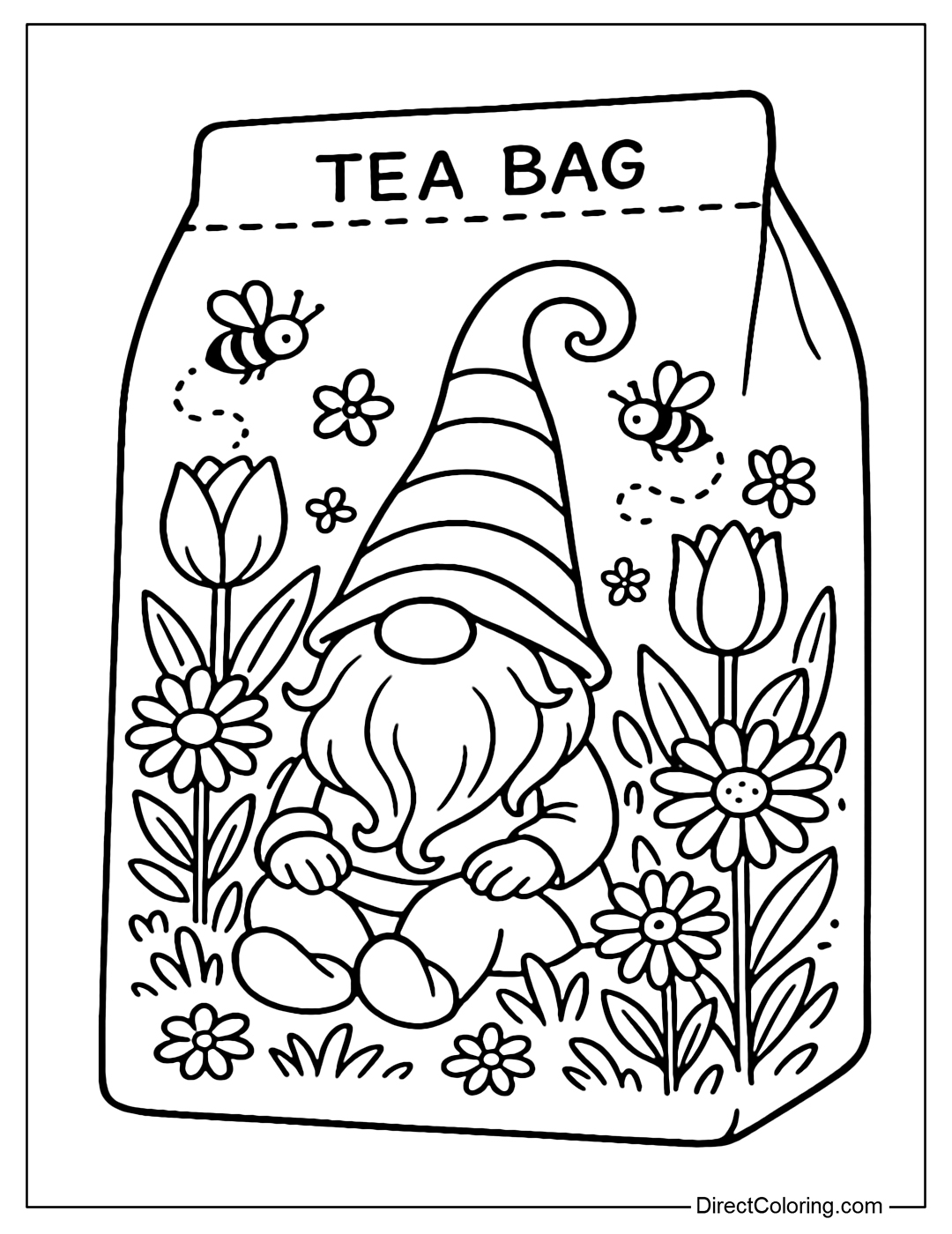 A tea bag coloring page featuring a gnome wearing a twist hat, sitting in a bright spring flower garden with tulips, daisies and small bees flying around.