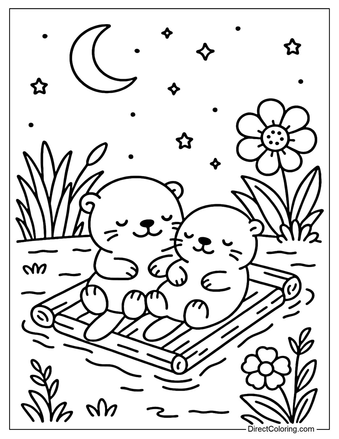 Coloring page of a pair of otters lying on a wooden raft floating in the middle of the river at night.