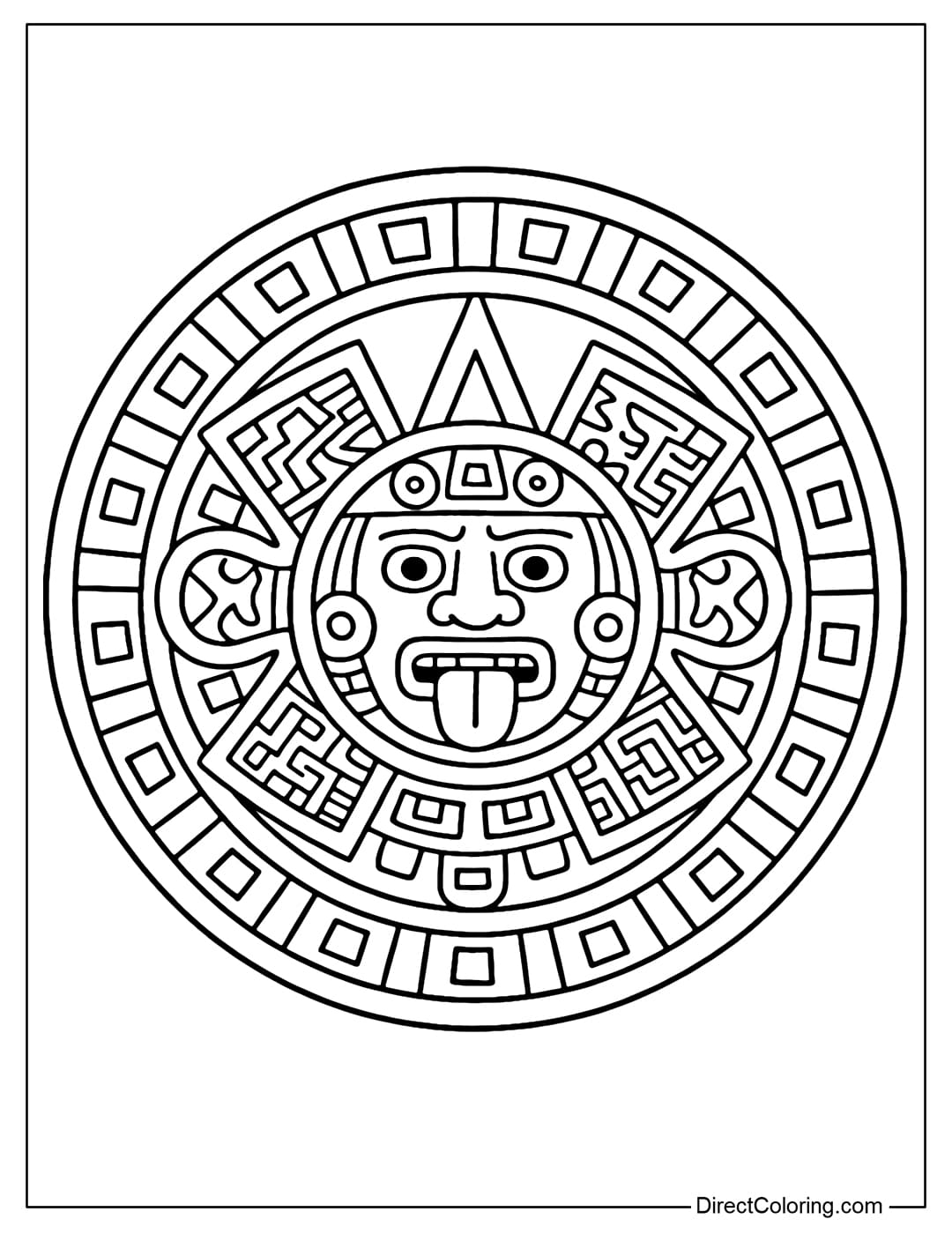 Aztec Sun Stone Calendar coloring page is drawn in a simple style, with a few large circles and basic patterns, and a clear central god face.