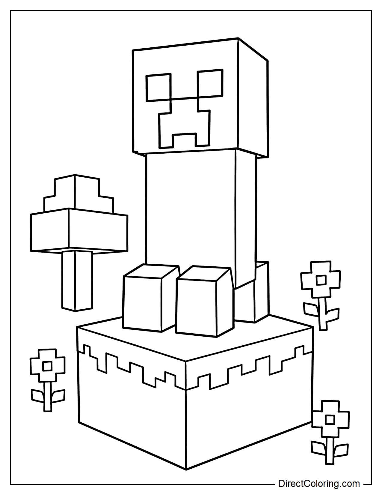 A Creeper stands on a large square grass block, surrounded by a few blocky flowers and a small tree.