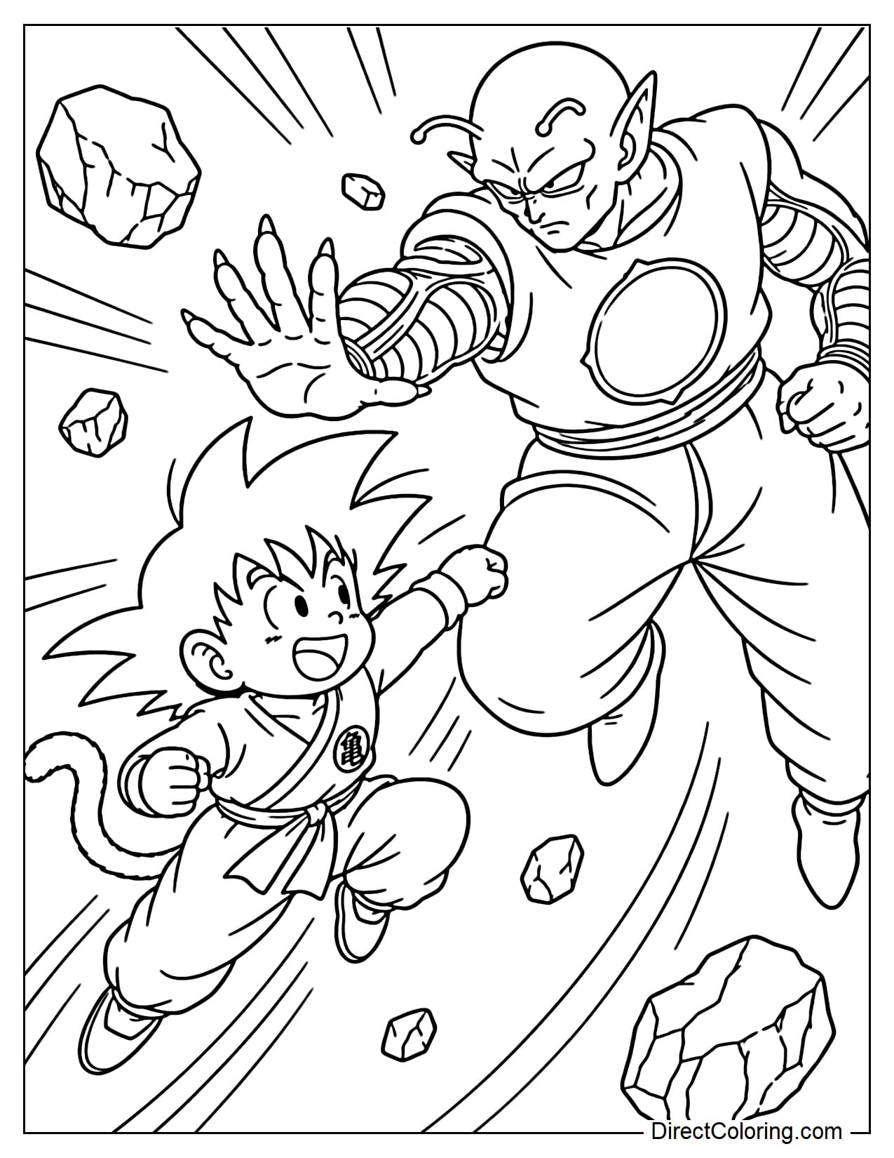 Little Goku is lunging diagonally to throw a punch at King Piccolo, who blocks with one arm outstretched, surrounded by small rocks and moving lines.