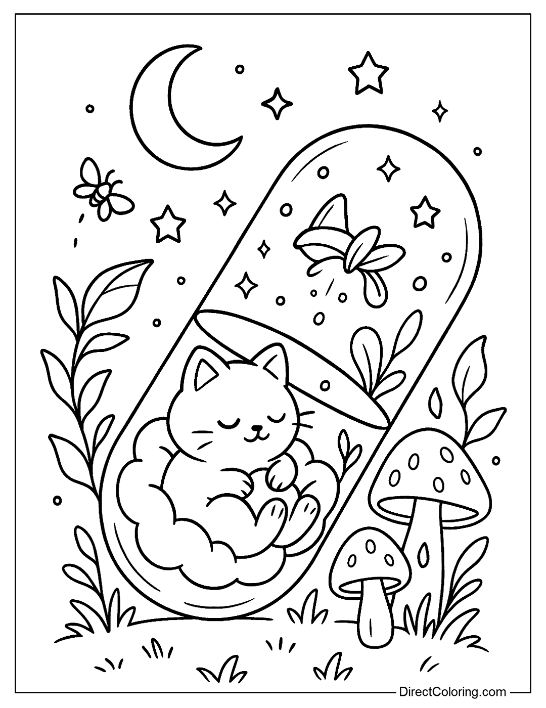 Coloring page of a transparent capsule lying in the middle of a dreamy forest, inside is a cat sleeping on a cloud pillow
