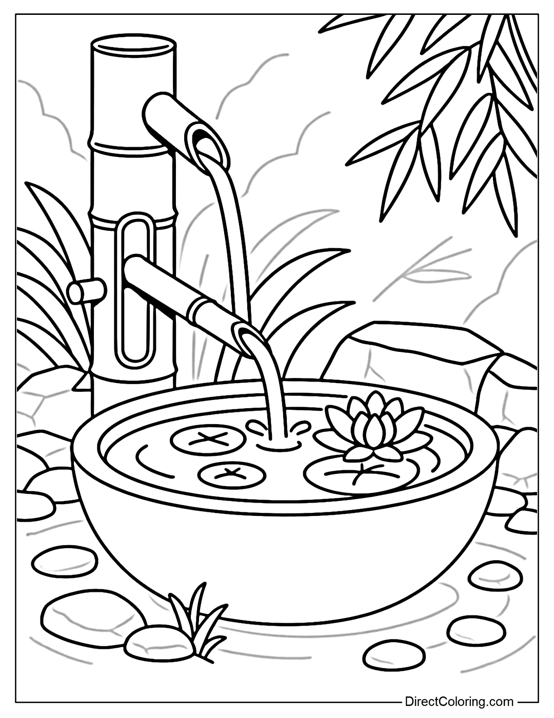 Coloring page for a round stone basin with blooming lotus flowers and floating leaves, water falling from a bamboo tube above, bamboo trees and rocks on the back wall