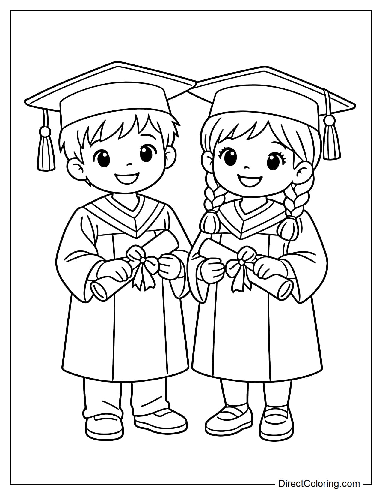 A boy and a girl stand side by side, holding their diplomas, creating a friendly and joyful atmosphere.