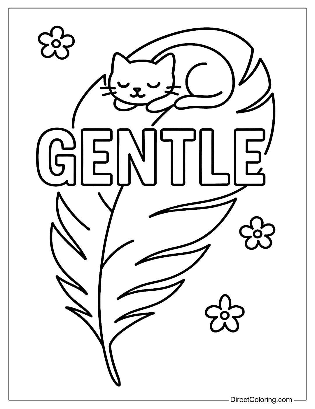 The Gentle coloring page is drawn like feathers, with a sleeping cat icon, and small flowers.