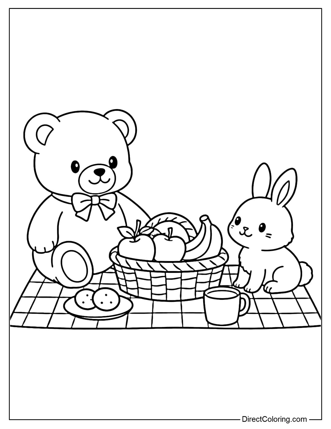 A coloring page featuring a teddy bear sitting on a picnic with a small bunny, with a basket of fruit between them.