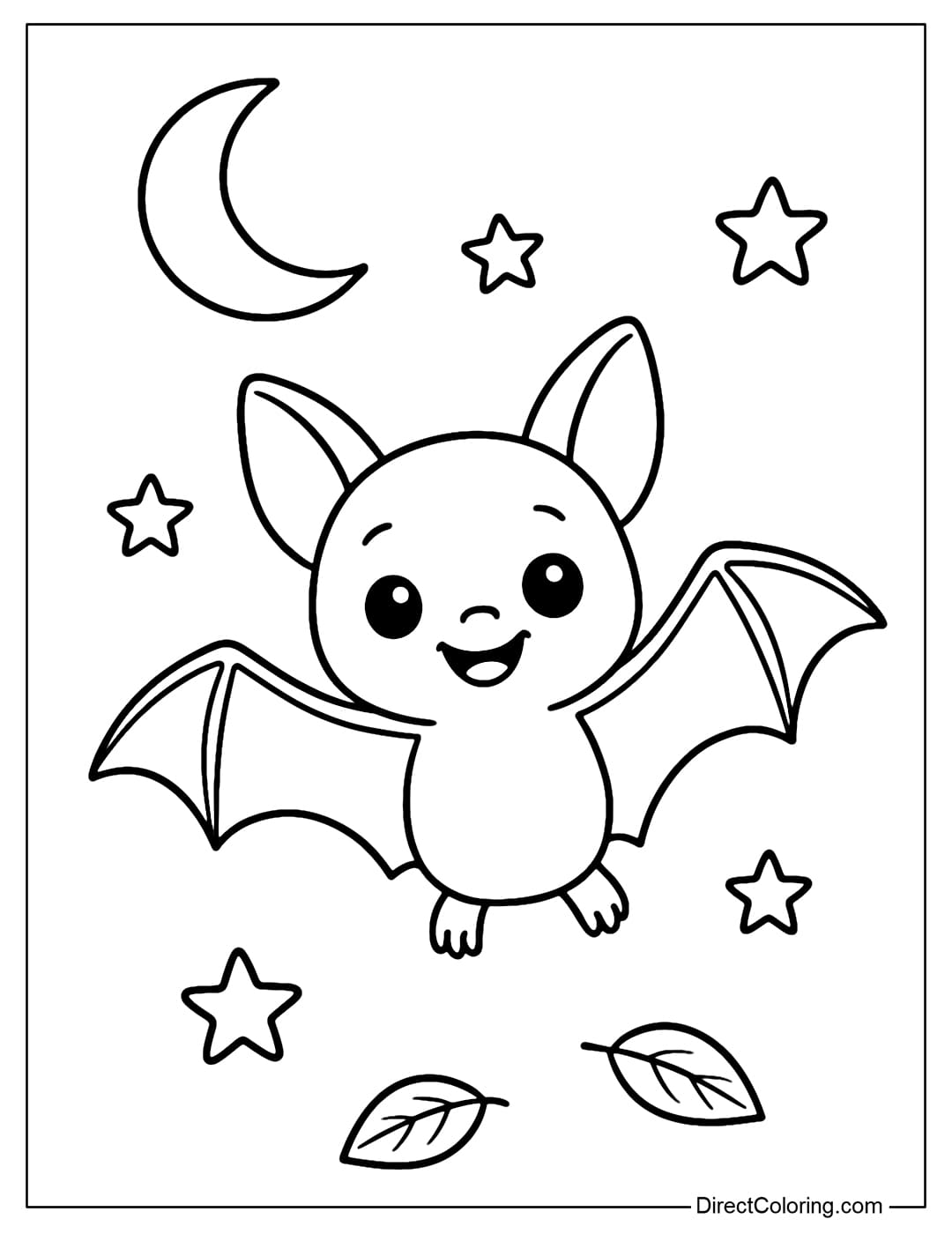 A coloring page of a baby bat learning to fly with tiny wings, a big smile, and a few stars and moons around it.