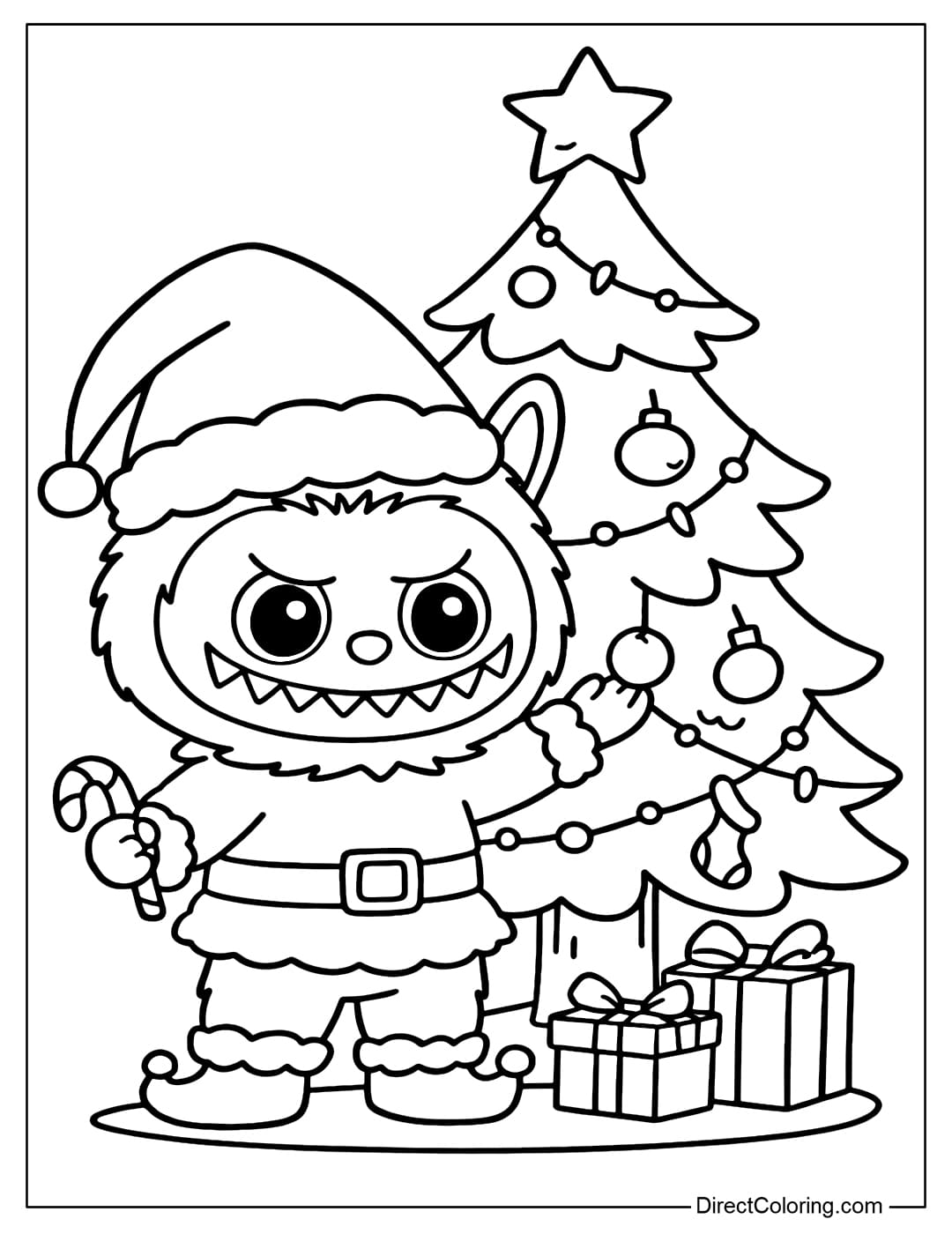 Coloring page of Labubu wearing a Santa Claus costume, holding a candy cane and decorating the tree with cute little balls, lights and stockings.