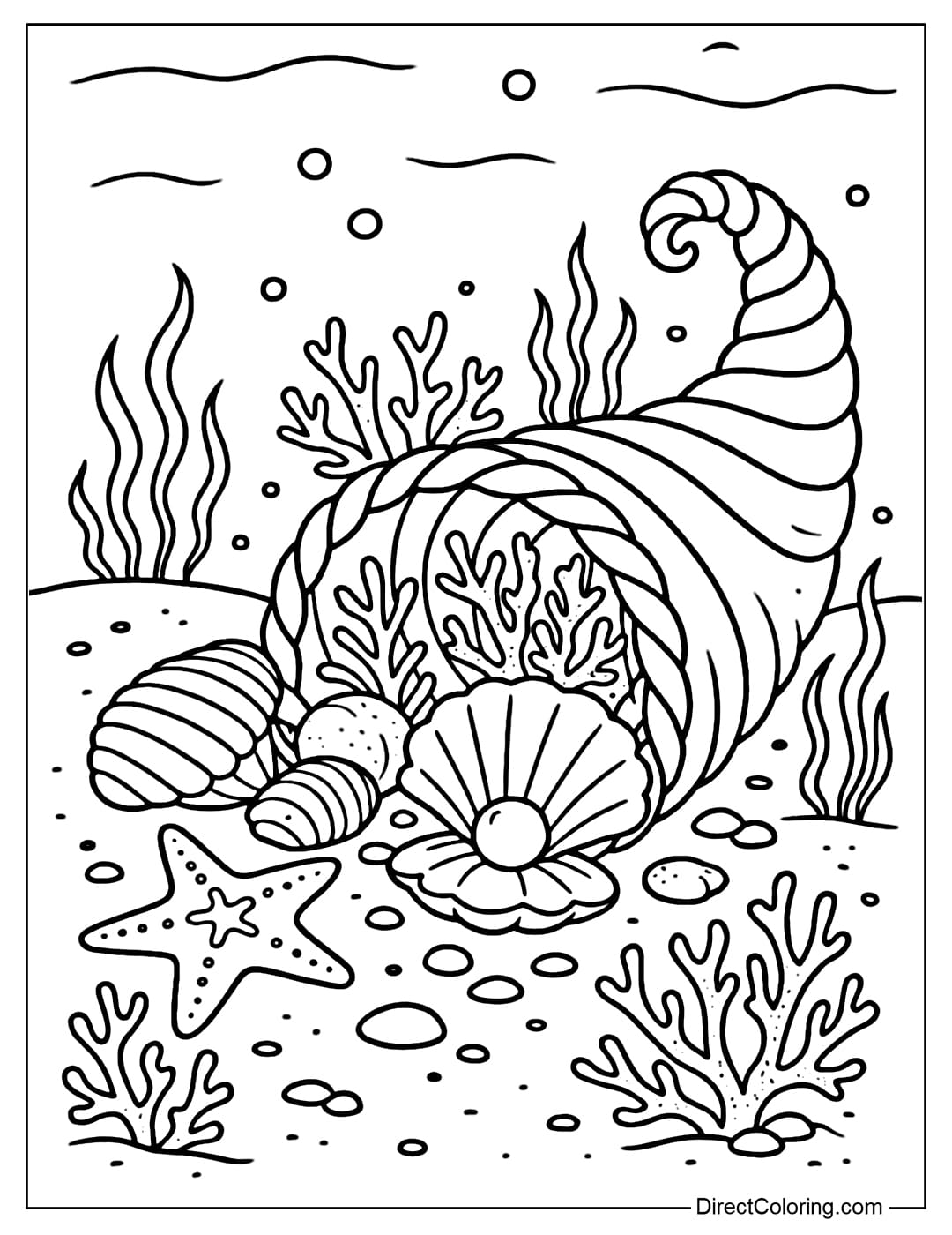 Cornucopia coloring page is set at the bottom of the sea, but instead of fruits, there are clams, corals, starfish and pearls pouring out of the horn.