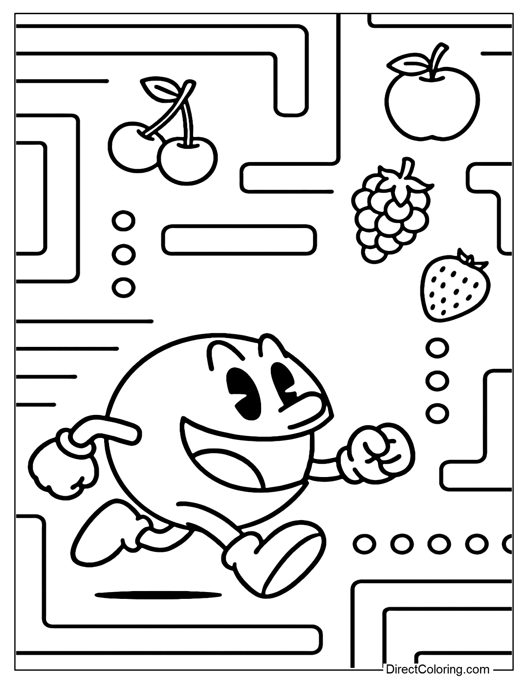 Coloring page of Pac-Man chasing cherries, strawberries and bananas in a fun maze.