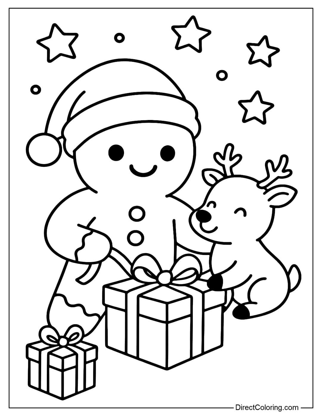 Gingerbread man coloring page wearing a Santa Claus hat, wrapping gifts with a mini reindeer.