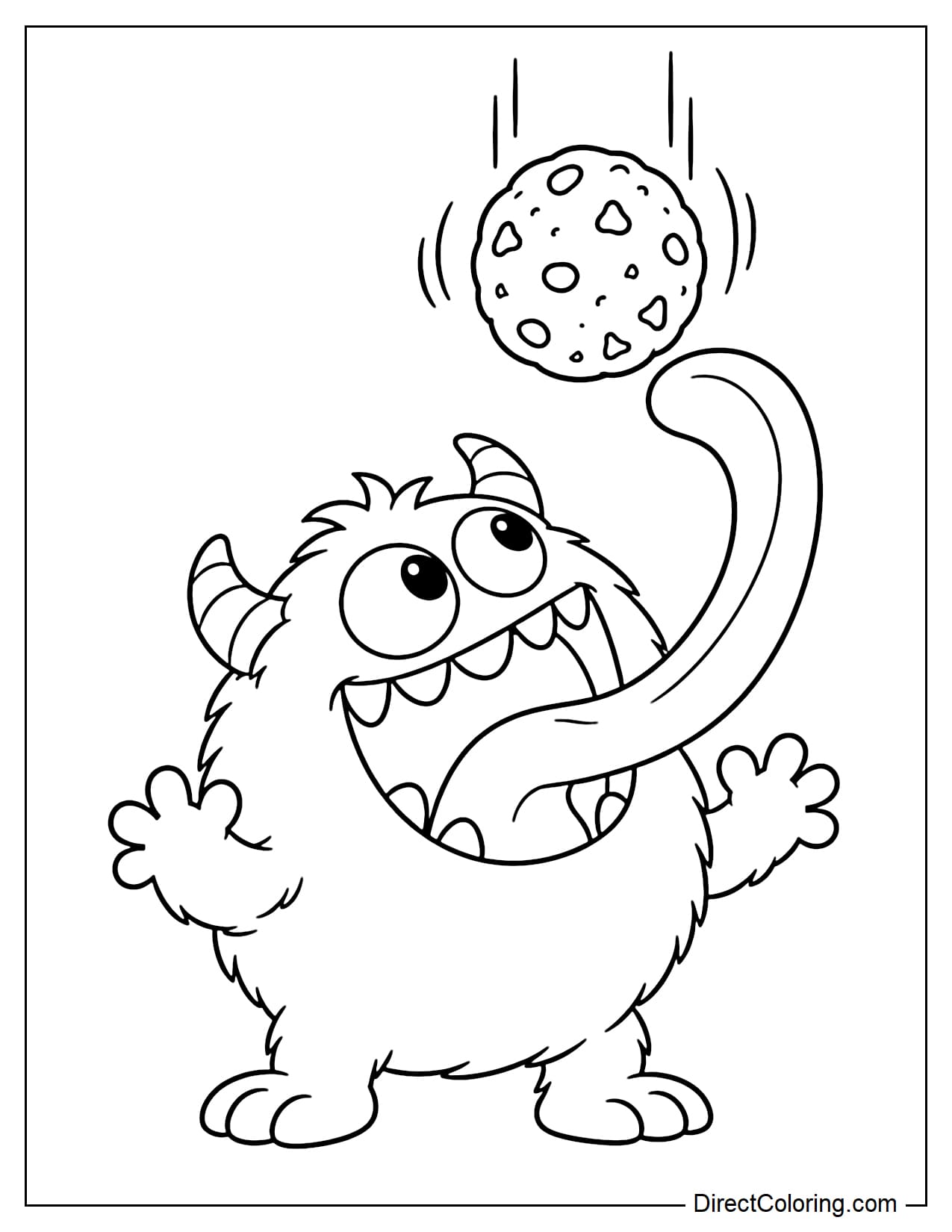A round monster tilts its head back with its mouth open, curling its extra-long tongue upward to catch a large falling cookie.
