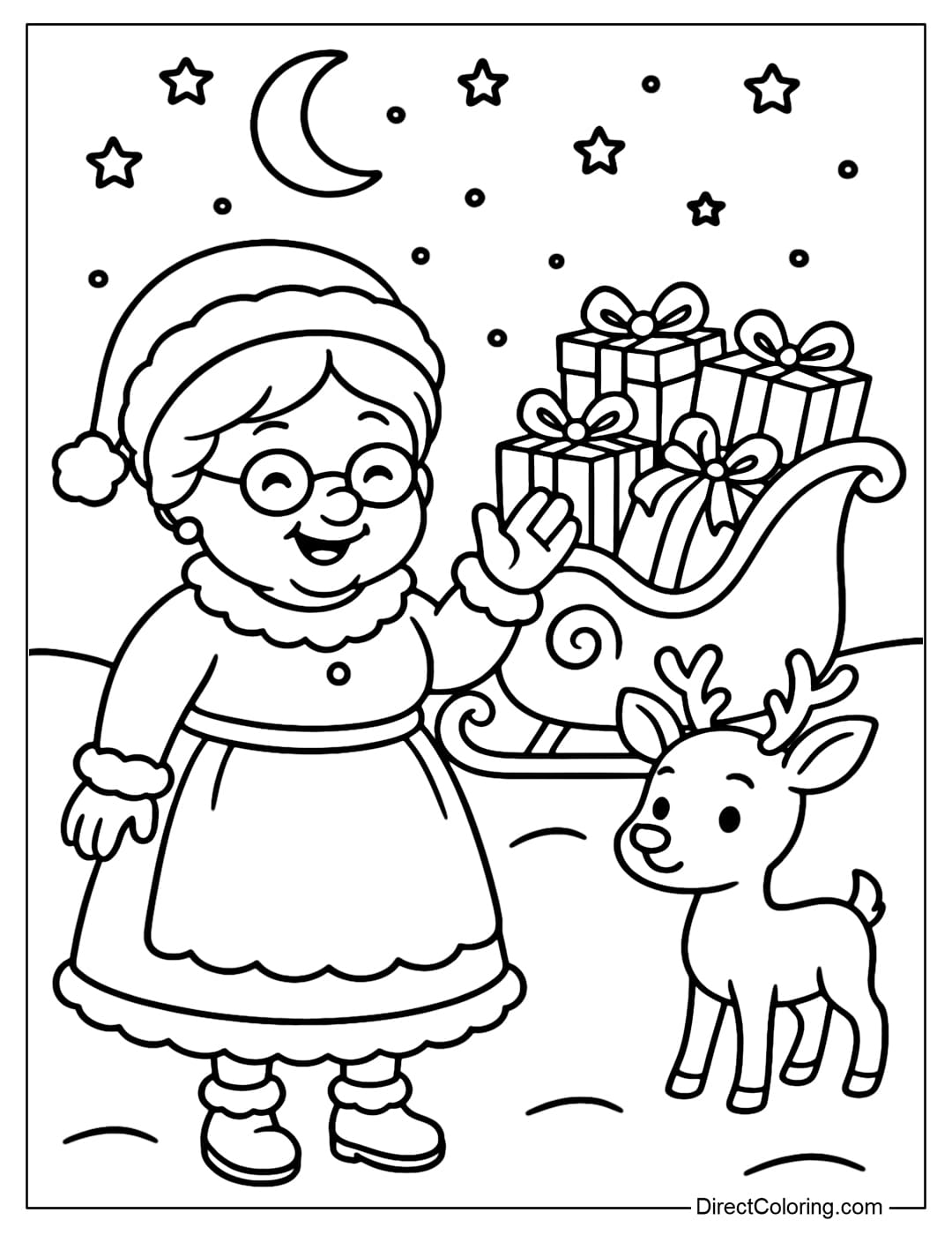 A Mrs Claus coloring page standing next to Santa's sleigh full of gifts, waving, with a little reindeer beside her.