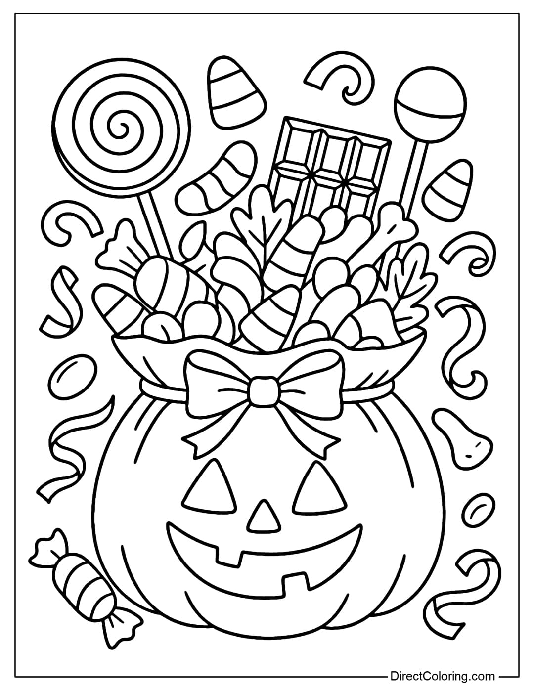 Coloring page of a Halloween candy bag filled with lollipops, marshmallows, chocolates and ribbons.