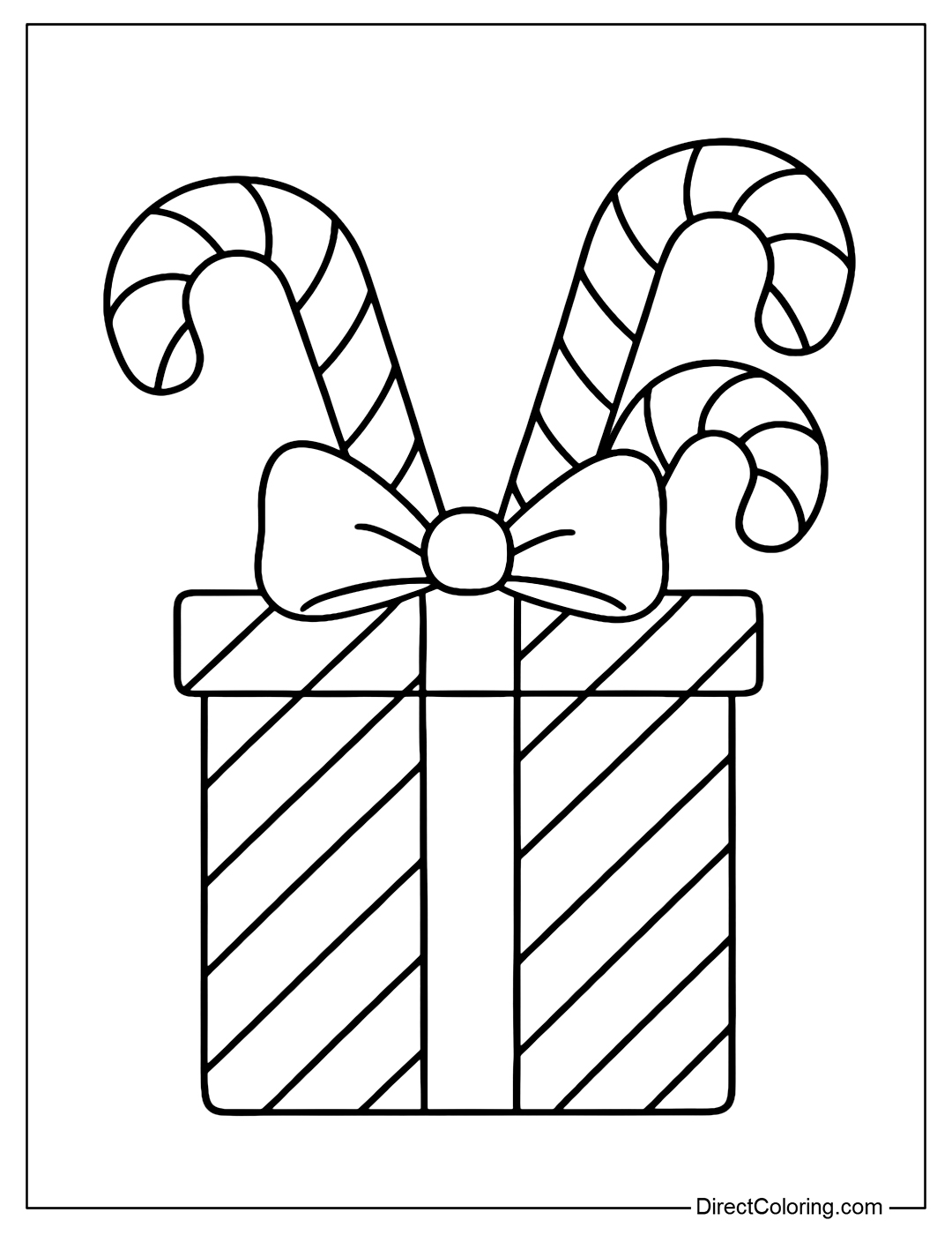 A Christmas gift box coloring page with candy canes featuring a large gift box with three candy canes stuck in the back.