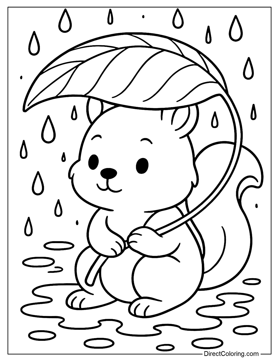 Coloring page of a squirrel holding a large leaf as an umbrella, sitting in the drizzling rain