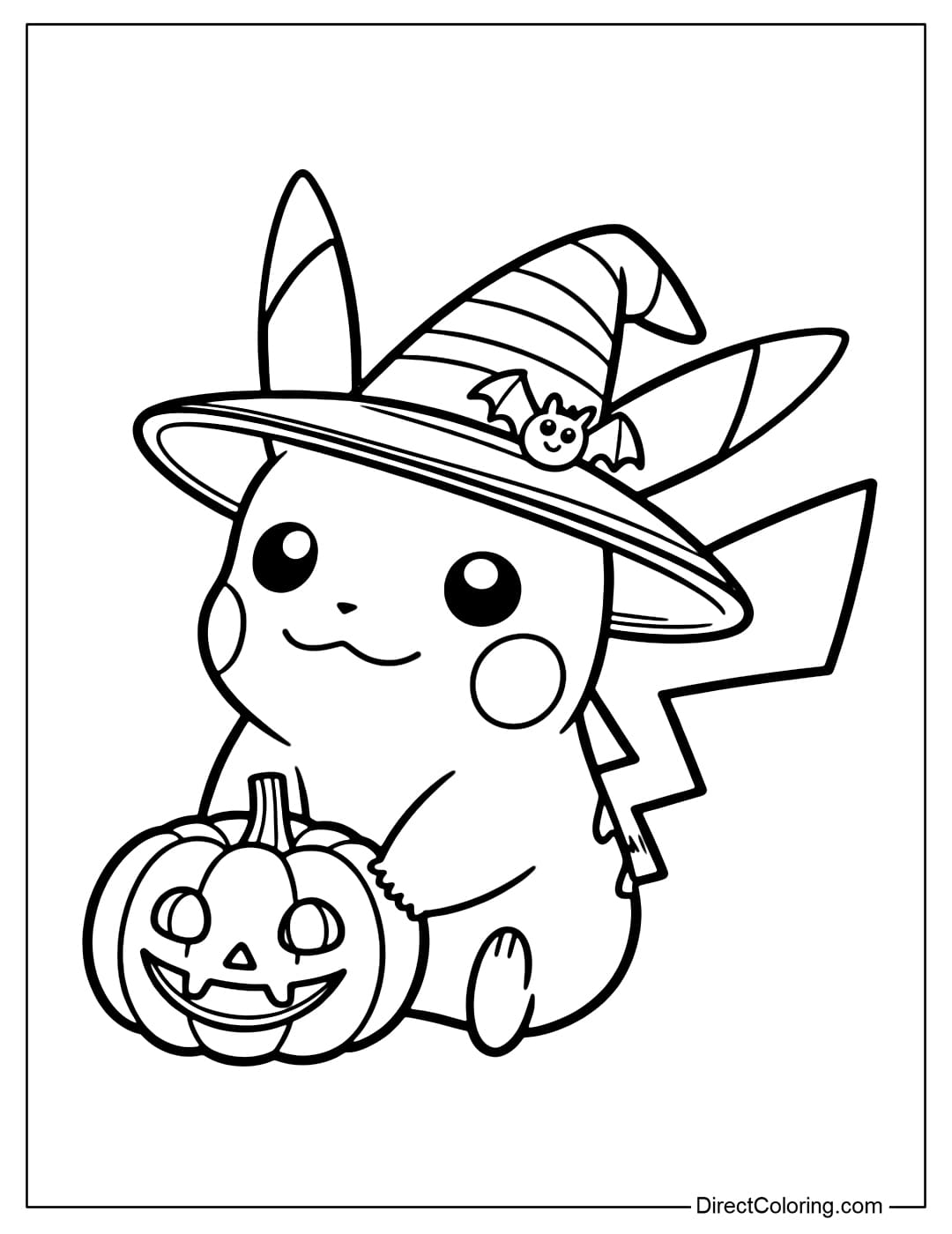Pikachu coloring page wearing a witch hat with a bat and a small pumpkin, sitting in a cute pose.