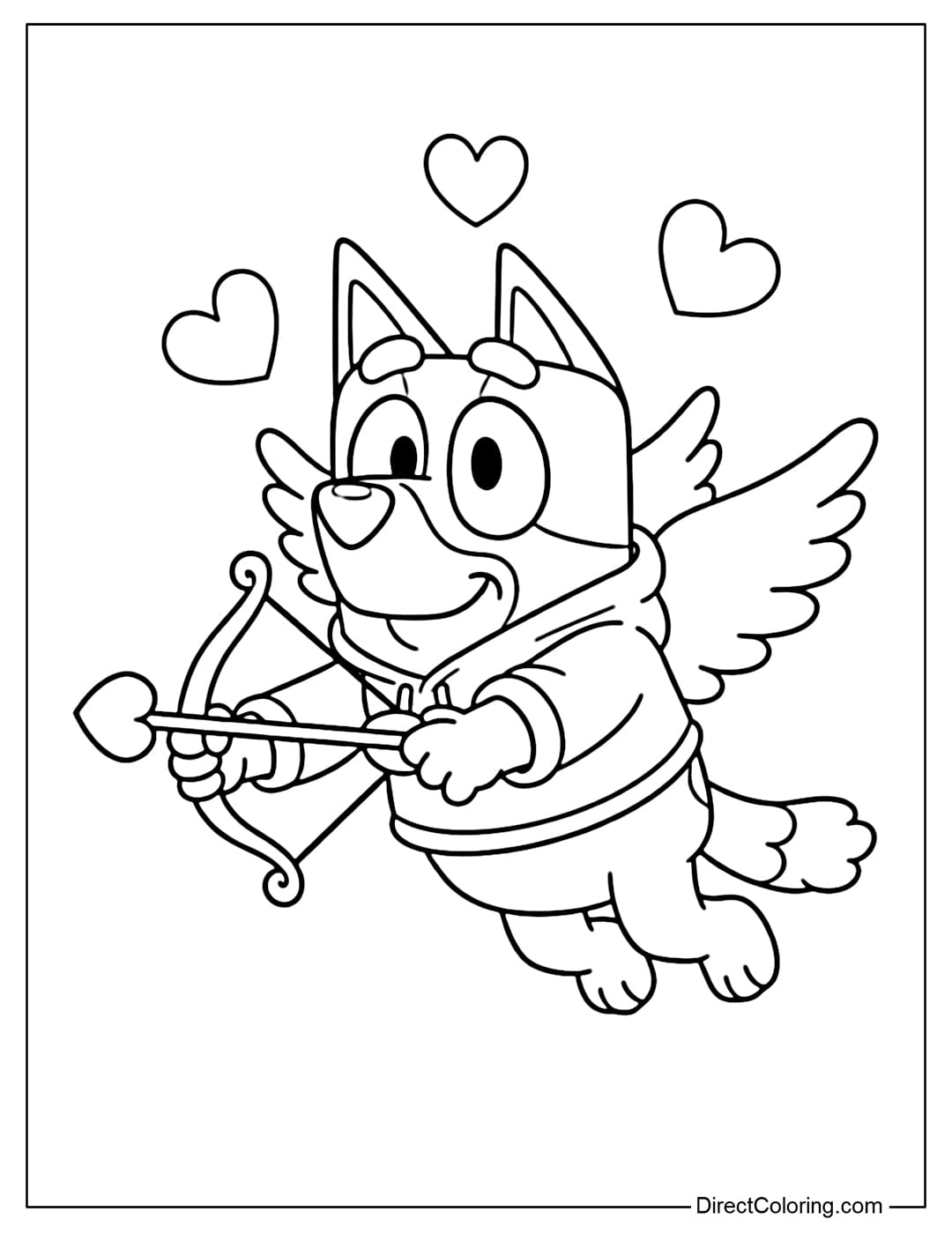 Bluey is dressed as Cupid Valentine, with angel wings on her back and holding a bow and arrow with heart-shaped arrowheads.