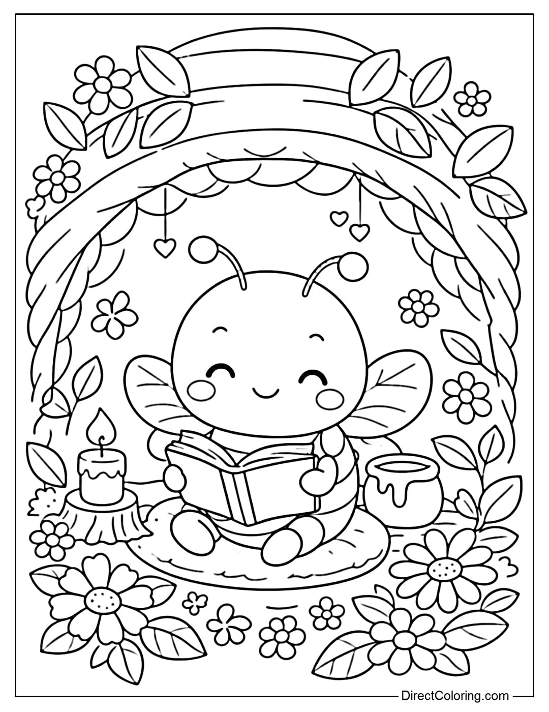 A coloring page featuring a cute bee sitting and reading a book in a warm beehive, surrounded by small flowers and leaves.