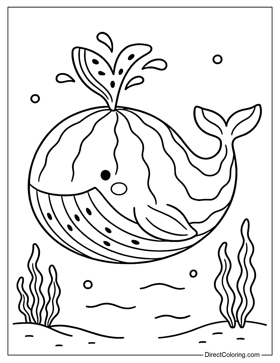Coloring Page A round whale with red and blue stripes like a watermelon, with black seeds on its belly like melon seeds.
