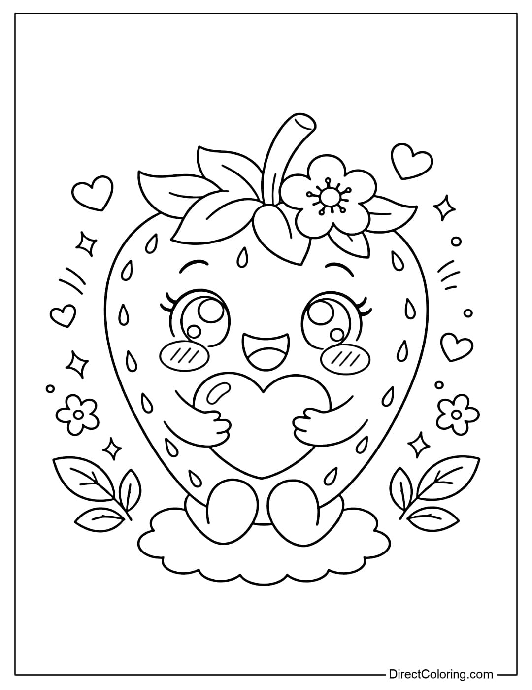 A kawaii strawberry coloring page hugging a little heart with a happy and cute expression.