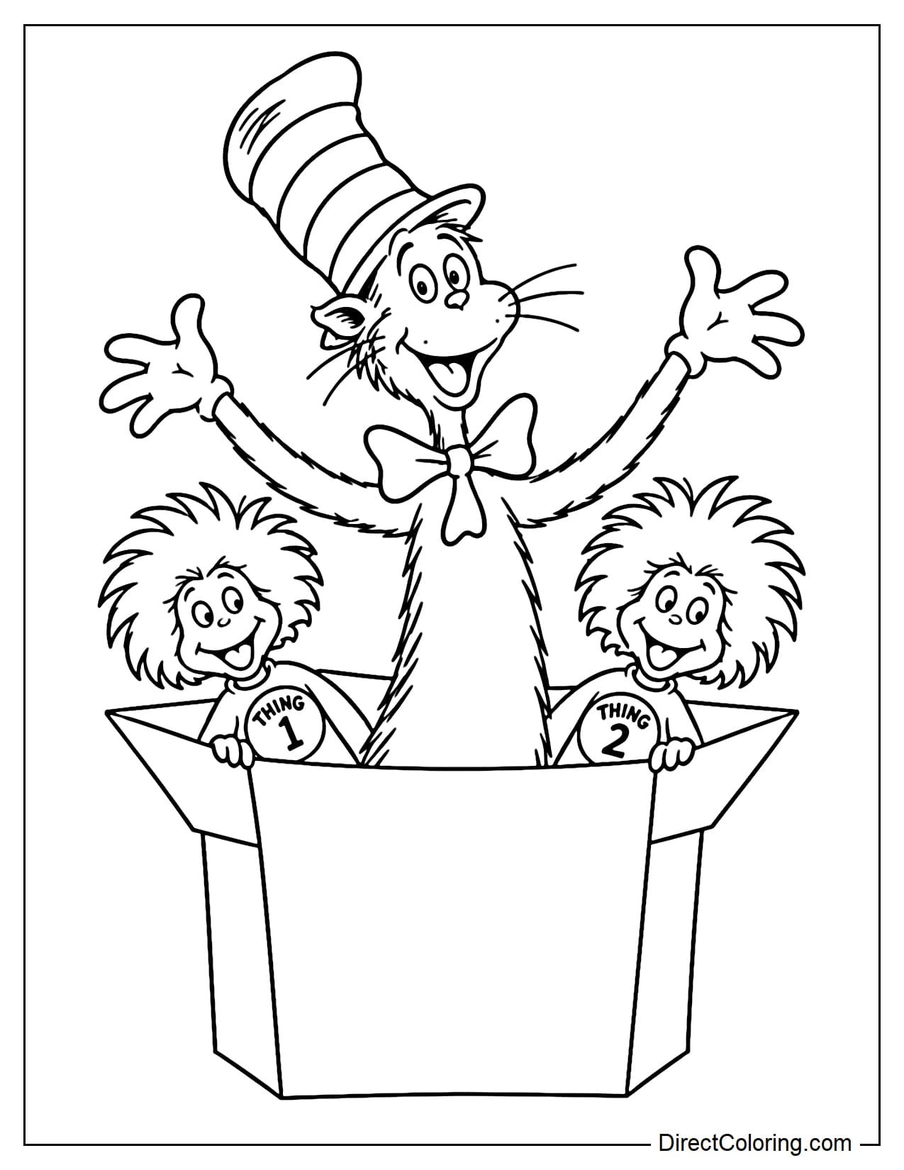The Cat in the Hat suddenly pops out of a giant open box with his arms spread wide, while Thing 1 and Thing 2 peek out from either side of the box.