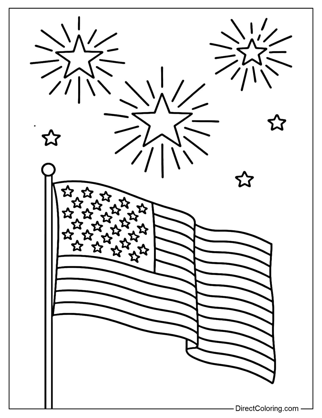 Night sky coloring page with star-shaped fireworks, with the American flag fluttering in the background.