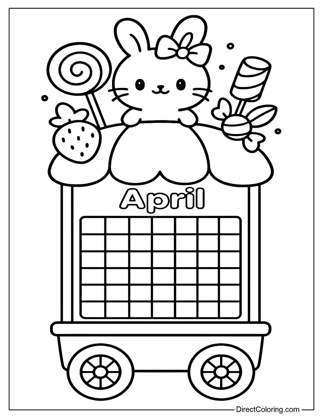April&nbsp;calendar coloring page featuring a small candy cart, with the calendar on the front of the cart and a chibi bunny standing next to various candies on top.