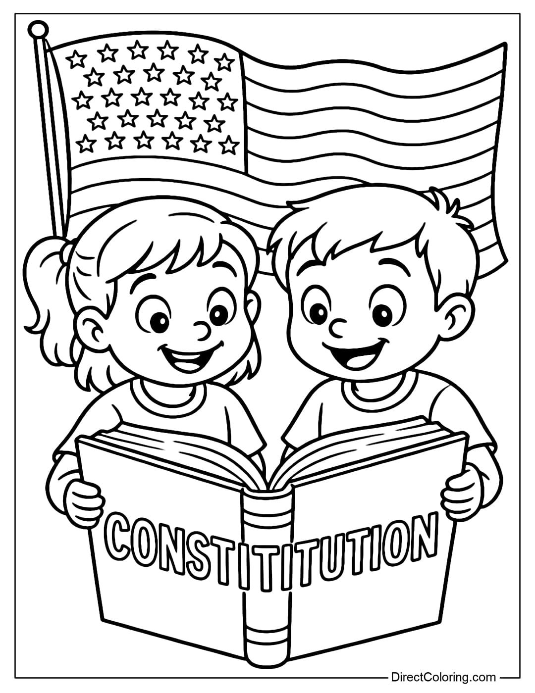 A coloring page of two children sitting reading a large book with the words 