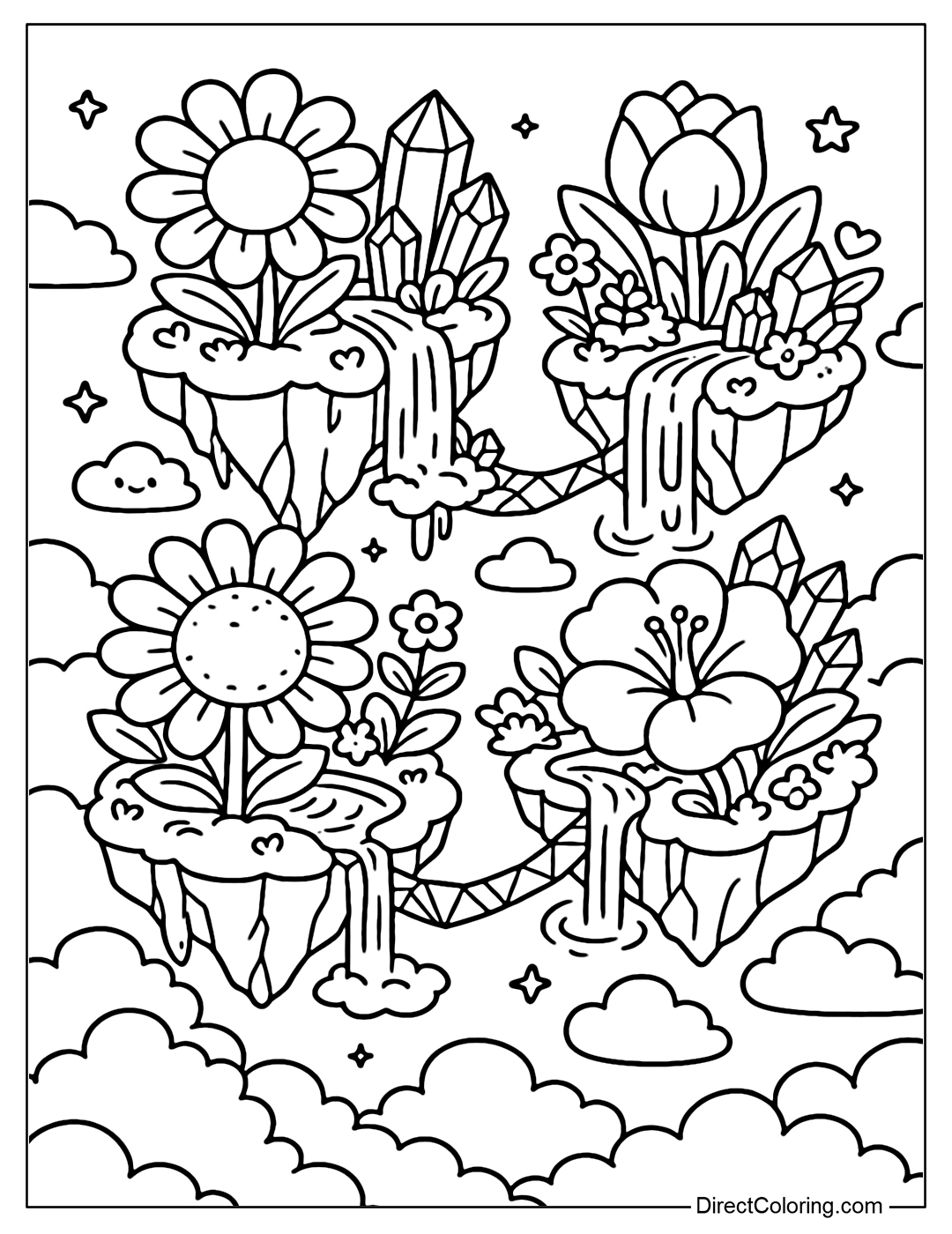 A crystal archipelago coloring page floating on a sea of clouds, each island is a brilliant garden of giant flowers and clear streams.