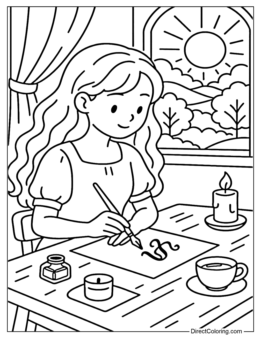 Coloring page of a girl sitting at a table writing calligraphy by the window. The table has an ink bottle, a fountain pen, art paper, scented candles and a cup of tea.