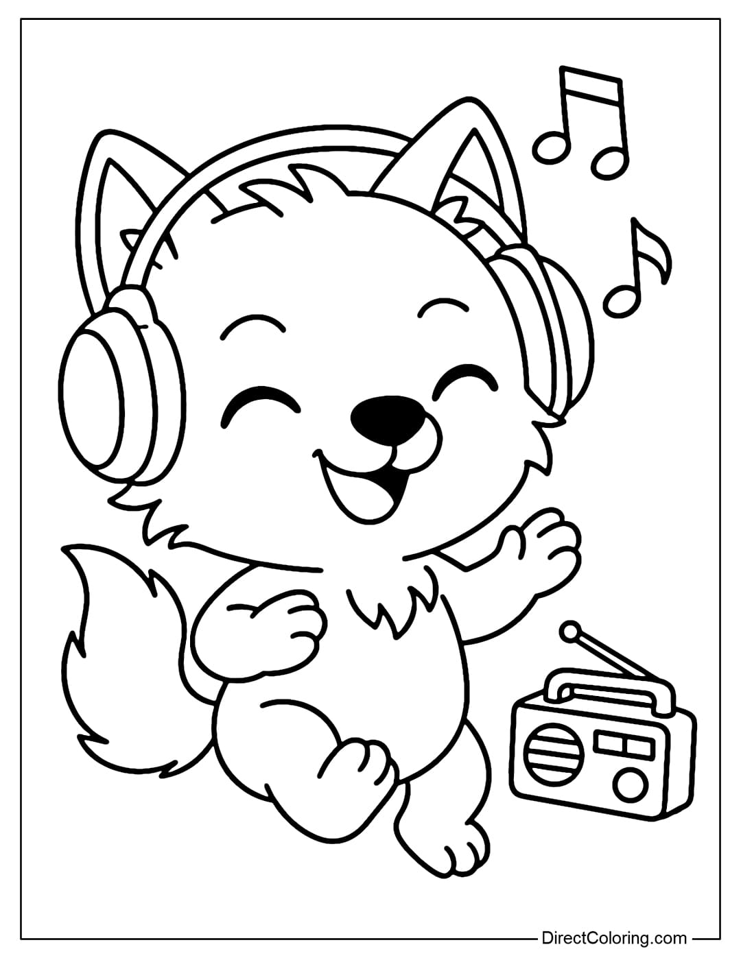 A coloring page of a chibi werewolf wearing headphones, swaying to the music, with a mini radio next to him.
