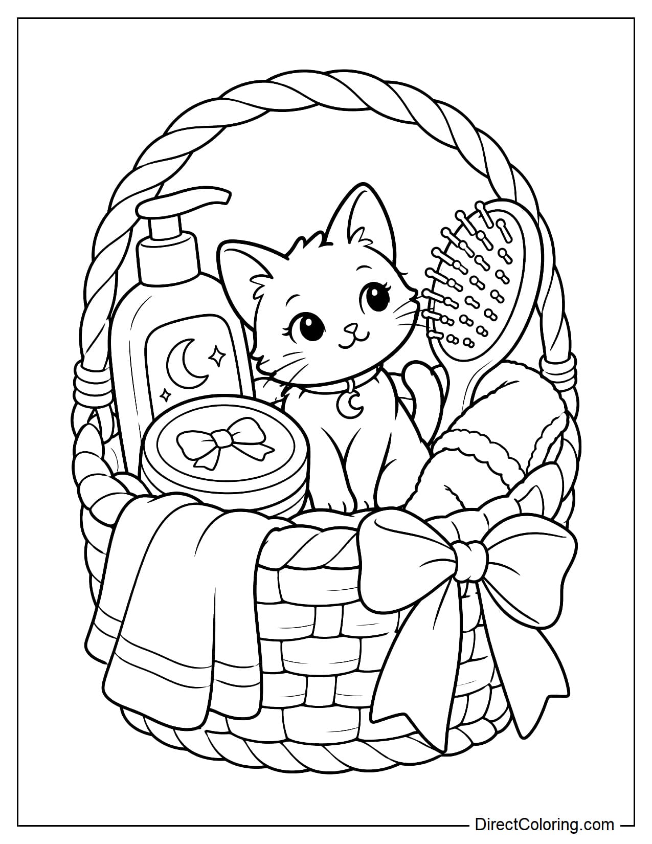 A small black cat sits inside a large beauty basket surrounded by a lotion bottle, a large comb, a round compact, and a neatly folded soft towel. A large bow decorates the basket.