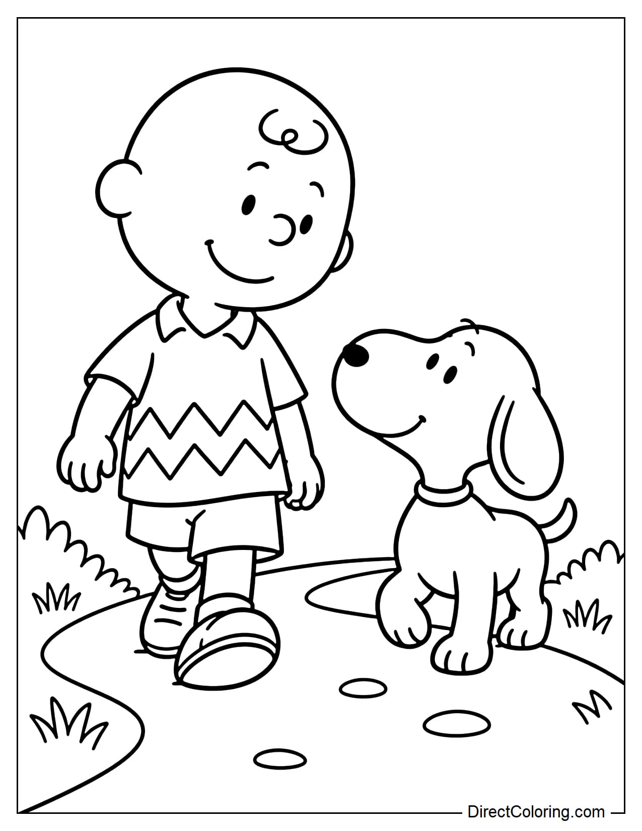 Charlie Brown takes a walk with Snoopy along a curved path lined with a few small tufts of grass.