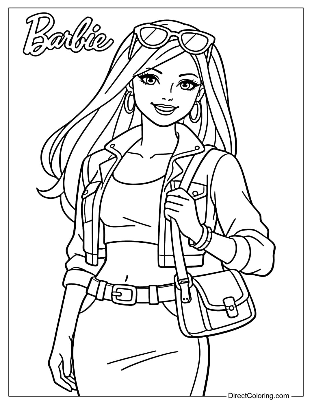 Barbie in a street style outfit consisting of a crop top, a light jacket, and a simple skirt or pants, with a small handbag and sunglasses.