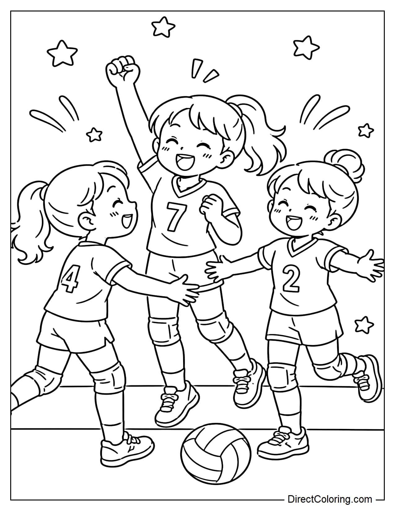 Three young girl volleyball players are celebrating after scoring a point. One girl raises her hand high while the other two smile and run toward her.