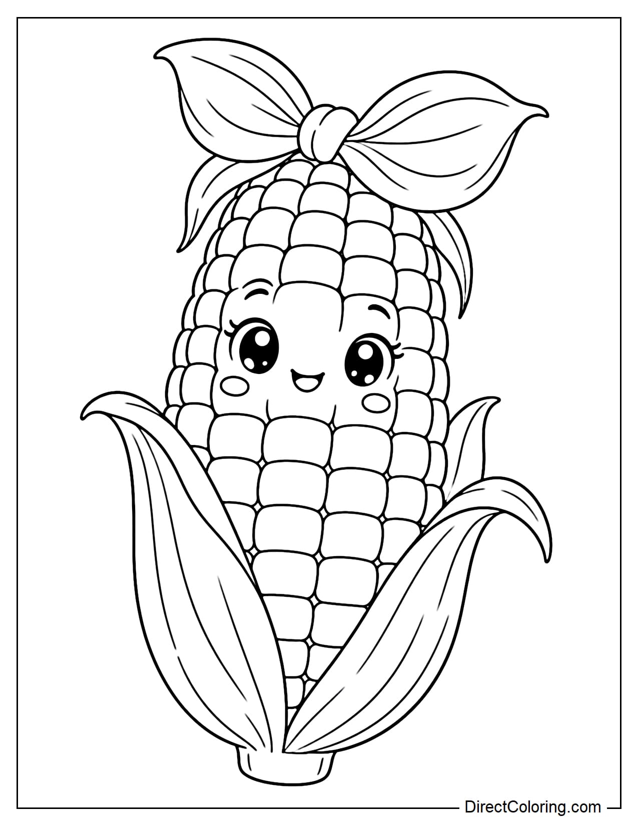 A cute, plump corn cob has large sparkling eyes and wears a big bow on top made from two softly curved husk leaves.