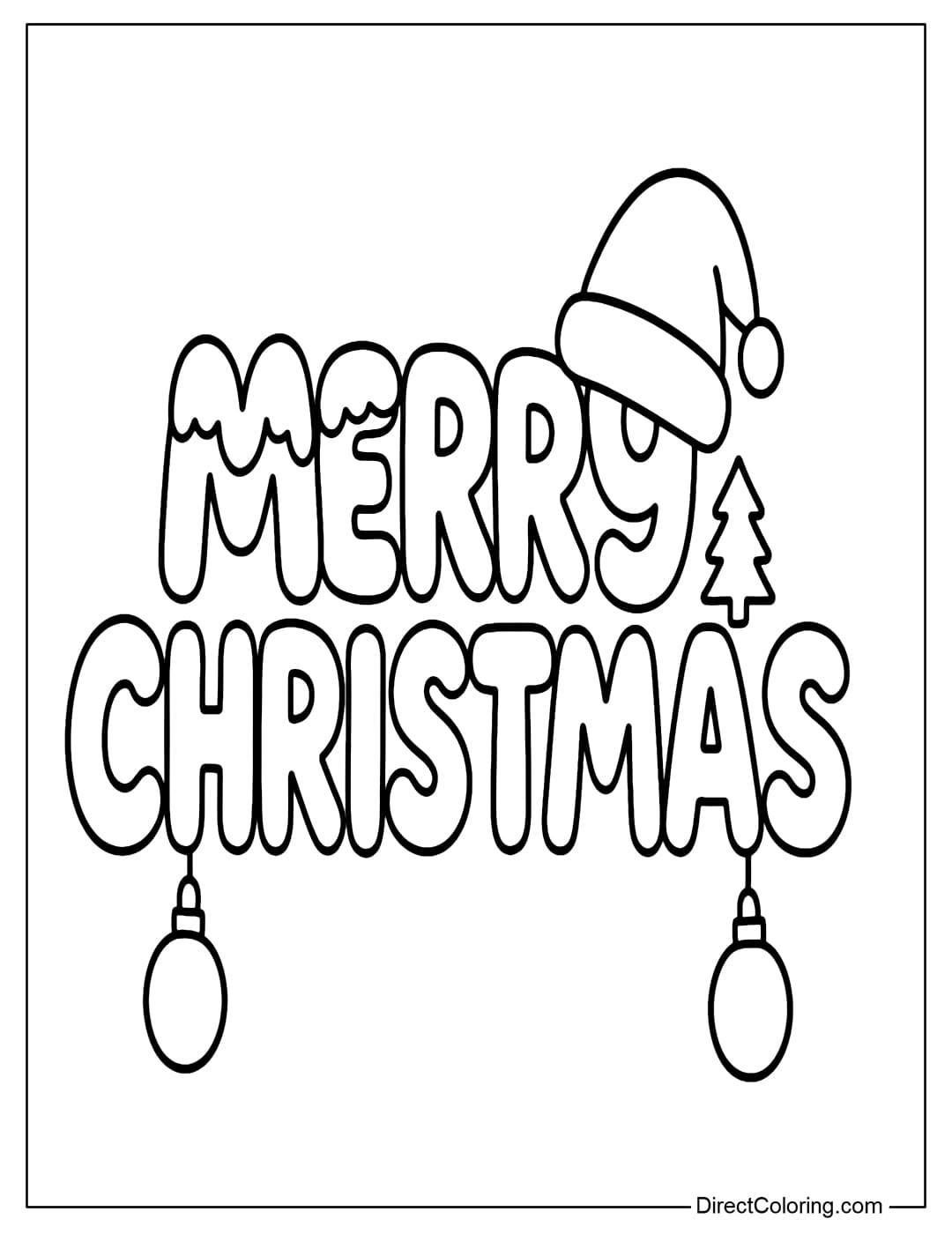 A Merry Christmas coloring page decorated with baubles, a small pine tree, and a Christmas hat.