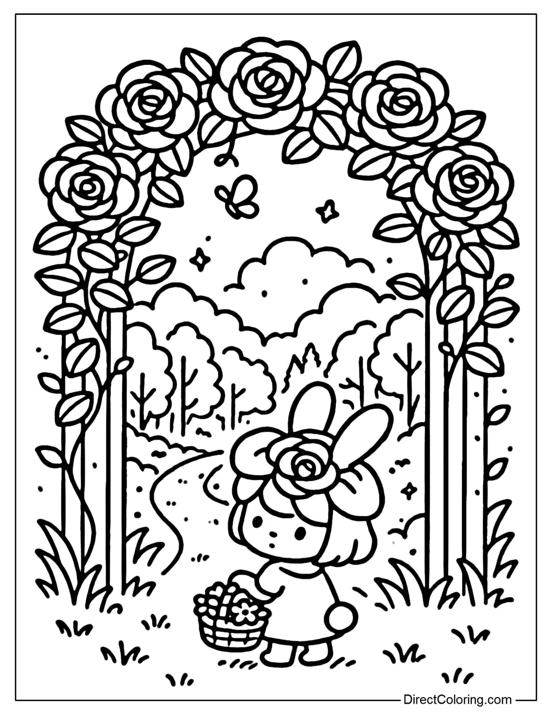 A big rose gate coloring page leading to a magical forest